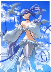  armor bad_id bad_pixiv_id bare_shoulders bikini bird blue_eyes blue_ribbon blue_sky border breasts choker closed_mouth cloud collarbone commentary_request day earrings fate/grand_order fate_(series) feet_out_of_frame female frilled_bikini frills greaves groin hair_between_eyes hair_ribbon highres hirunagi jewelry long_hair long_sleeves looking_at_viewer meltryllis_(fate) meltryllis_(swimsuit_lancer)_(fate) meltryllis_(swimsuit_lancer)_(third_ascension)_(fate) navel outdoors pantyhose puffy_sleeves purple_hair revision ribbon seagull side_ponytail sky sleeves_past_fingers sleeves_past_wrists small_breasts smile solo standing swimsuit thighs very_long_hair white_border white_pantyhose 