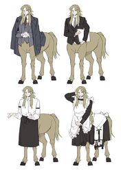  1boy alternate_costume apron black_apron black_jacket blonde_hair bow bowtie brown_hair brown_necktie butler centaur chiron_(fate) clothes_grab coat coat_on_shoulders commentary crossed_arms enmaided fate/apocrypha fate_(series) formal grey_jacket grey_necktie grey_vest guttia hand_on_own_head jacket light_brown_hair long_hair maid maid_headdress male_focus monster_boy necktie reference_sheet shirt simple_background smile suit taur variations vest waiter white_background white_shirt 