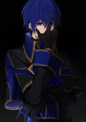  1boy black_background black_capelet black_gloves blue_capelet blue_eyes blue_hair cantarella_(vocaloid) capelet commentary covering_own_mouth gloves hand_on_own_face highres kaito_(vocaloid) looking_at_viewer male_focus project_diva_(series) rosa_blue_(module) simple_background solo song_name standing upper_body vocaloid yinnnn 