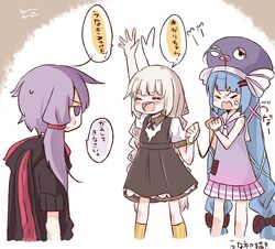  3girls =_= ahoge anger_vein angry animal_ears animal_hood arm_up bare_arms black_dress black_jacket blue_hair blunt_bangs blush_stickers bound bound_wrists braid collared_dress commentary dress eel_hat facing_another feet_out_of_frame gradient_dress hair_ornament hairclip holding holding_leash hood hooded_jacket jacket kizuna_akari kneehighs large_hat leash long_hair looking_at_another low_twin_braids multiple_girls open_mouth orange_socks otomachi_una otomachi_una_(talkex) puff_of_air purple_dress purple_hair purple_headwear rabbit_ears rabbit_hood sailor_collar shimashiro_itsuki short_hair_with_long_locks sidelocks sleeveless sleeveless_dress smile socks speech_bubble standing sweat talkex translated twin_braids twintails v-shaped_eyebrows very_long_hair vocaloid voiceroid white_hair white_sailor_collar yuzuki_yukari 