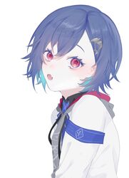  10_io :o armband bad_id bad_twitter_id blazer blue_hair dolphin_hair_ornament female from_side grey_hoodie head_tilt highres hood hoodie jacket looking_at_viewer nijisanji nishizono_chigusa nishizono_chigusa_(1st_costume) oerba_yun_fang open_mouth red_eyes school_uniform selene_girls_school_uniform short_hair simple_background skin_fang solo upper_body virtual_youtuber white_background white_jacket 