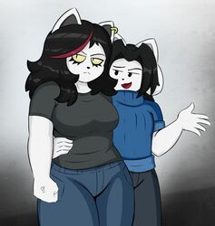  annoyed anthro black_hair bob_(undertale) bottomwear breasts canid canine catti_(deltarune) clothed clothing deltarune denim denim_bottomwear denim_clothing domestic_cat duo dynamo07x ear_piercing eyebrows eyelashes eyeliner felid feline felis female fully_clothed fur hair half-closed_eyes hand_on_hip jeans makeup male mammal narrowed_eyes pants piercing tem thick_thighs undertale undertale_(series) vein white_body white_fur yellow_sclera 