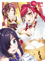  3girls bamboo_steamer baozi bare_shoulders black_gloves blue_eyes box breasts bridal_gauntlets brown_hair china_dress chinese_clothes cleavage_cutout clothing_cutout commentary_request cup double_bun dress eating eyepatch feather_trim food furiwakegami_hiromitsu gloves hair_bun hair_ornament highres holding holding_box holding_food holding_tray indoors kurofuti low_twintails multiple_girls official_alternate_costume open_hand open_mouth purple_hair red_hair shokudaikiri_mitsutada_(tenka_hyakken) smile teacup teapot tenka_hyakken tomita_gou tray twintails yellow_eyes 