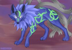  absurd_res blue_body blue_fur canid canine conditional_dnp digital_media_(artwork) esshound_(runescape) feral fur glowing glowing_eyes glowing_markings hi_res male mammal mane markings nature_esshound_(runescape) runescape solo white_eyes wolftacos 