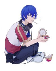  1boy blue_eyes blue_footwear blue_hair blue_nails cable commentary crossed_legs denim digital_media_player food food_on_face from_side full_body headphones headphones_around_neck highres ice_cream_cup indian_style jeans jewelry kaito_(vocaloid) looking_at_viewer male_focus mouth_hold nail_polish necklace notice_lines opening_can pants project_sekai shirt shoes short_hair short_sleeves simple_background sitting sneakers solo spoon utensil_in_mouth vocaloid white_background yinnnn 