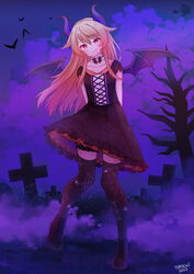  ankle_boots arms_behind_back bare_tree bat_(animal) black_bloomers black_bow black_dress black_footwear black_thighhighs bloomers blush boots bow bowtie bright_pupils closed_mouth cross cross-laced_footwear dated demon_horns demon_wings detached_collar dress female ghost_print gradient_hair graveyard hair_flaps head_tilt highres horns indie_virtual_youtuber kaheru_(vtuber) latin_cross long_hair looking_at_viewer multicolored_hair night oerba_yun_fang orange_hair outdoors purple_background red_eyes short_sleeves signature skin_fang smile solo spider_web_print standing temachii thighhighs tombstone tree underwear virtual_youtuber wings 