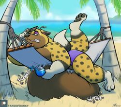  4_fingers 4_toes animal_crossing anthro beach belly belly_on_ground beverage big_belly black_pawpads bodily_fluids brown_belly canid canine canis clothing detailed_background ears_down eyewear feet fingers fur hammock holding_beverage holding_object huge_belly hyper hyper_belly kyle_(animal_crossing) lidded_eyes looking_at_belly looking_down_at_self lying male mammal motion_lines nintendo on_front onomatopoeia overweight overweight_anthro overweight_male palm_tree pawpads pivoted_ears plant purple_clothing purple_speedo purple_swimwear seaside sloshing_belly solo sound_effects speedo spots sunglasses sweat sweatdrop swimwear tanio teeth text toes tree wolf yellow_body yellow_fur 