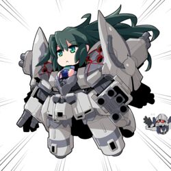  chibi colored_sclera commentary controller crying emphasis_lines female floating floating_hair fukkatsu_saisei_kaijin game_controller green_eyes green_hair gundam gundam_build_divers gundam_build_divers_re:rise gundam_narrative highres holding holding_controller holding_game_controller ii_neo_zeong looking_ahead may_(gundam_build_divers_re:rise) mecha open_hands reaching reaching_towards_viewer red_sclera robot sad sinanju_stein white_background yellow_eyes 