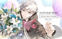  1boy 2022 balloon blue_eyes charles-henri_sanson_(fate) fate/grand_order fate_(series) flower happy_birthday highres holding holding_flower jacket lily_(flower) long_sleeves looking_at_viewer male_focus necktie open_mouth rose seiya_ingen shirt short_hair smile solo white_hair 