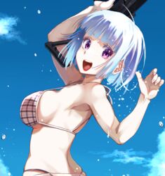  :d arm_up assault_rifle bikini blue_hair blue_sky breasts brown_bikini cloud commentary_request day female fn_fnc fnc_(upotte!!) gun hand_up holding holding_gun holding_weapon looking_at_viewer looking_back medium_breasts nail_polish name_connection object_namesake outdoors pink_nails plaid plaid_bikini purple_eyes rifle sky smile solo swimsuit teeth tennouji_kitsune upotte!! upper_teeth_only weapon 