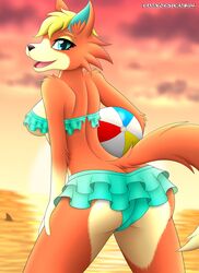  animal_crossing anthro ass audie_(animal_crossing) ball beach beach_ball big_butt bikini blonde_hair breasts butt_pose canid canine canis cheek_tuft clothed clothing cloud diamondstorm dipstick_tail exposure_variation facial_markings facial_tuft female fluffy fluffy_tail fox frilly frilly_clothing fur gloves_(marking) green_clothing green_eyes hair head_markings hi_res inflatable inner_ear_fluff looking_at_viewer looking_back mammal markings multicolored_body multicolored_fur muzzle_(marking) nintendo orange_body orange_fur pose raised_tail sea seaside shark_fin skimpy snout snout_markings solo story story_in_description sunset swimwear tail tail_markings thick_thighs tuft water wide_hipped_female wide_hips wolf yellow_body yellow_fur 