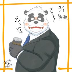  1:1 2019 anthro bear belly black_body black_fur blush fur giant_panda humanoid_hands japanese_text kemono male mammal necktie slightly_chubby solo tanutronik753_k text white_body white_fur 