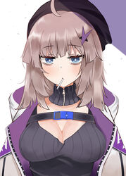  aa-12_(girls&#039;_frontline) ahoge bags_under_eyes black_headwear black_sweater blue_eyes blush breasts bright_pupils brown_hair buckle candy cla_(finesoda) cleavage commentary detached_collar expressionless female food food_in_mouth girls&#039;_frontline hair_ornament highres jacket large_breasts lollipop long_hair looking_at_viewer mouth_hold open_clothes open_jacket photoshop_(medium) revision snap-fit_buckle solo star_(symbol) star_hair_ornament sweater two-tone_background upper_body white_jacket zipper zipper_pull_tab 