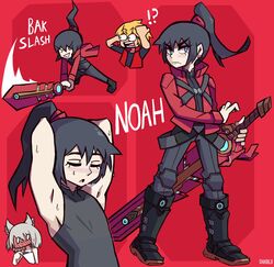  !? 2boys animal_ears armpits black_hair blonde_hair blue_eyes blush cat_ears chest_jewel female hair_tie highres jacket long_hair meme mio_(xenoblade) multiple_boys multiple_views noah_(xenoblade) oakblu open_mouth ponytail pose_imitation red_jacket shirt short_hair shulk_(xenoblade) super_smash_bros. sword veiled_sword_(xenoblade) weapon white_hair xenoblade_chronicles:_future_connected xenoblade_chronicles_(series) xenoblade_chronicles_1 xenoblade_chronicles_3 yellow_eyes yiik:_a_postmodern_rpg yiiking_out_(meme) 