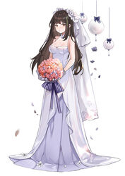  bare_shoulders black_bow black_flower black_hair blush bouquet bow breasts bridal_veil brown_eyes cleavage commentary_request dress female floral_print flower full_body girls&#039;_frontline holding holding_bouquet long_hair looking_at_viewer m4a1_(girls&#039;_frontline) medium_breasts parted_lips partial_commentary red_flower rero_(bigdoorbig2) rose_print see-through simple_background sleeveless sleeveless_dress solo standing veil very_long_hair wedding_dress white_background white_dress white_flower 