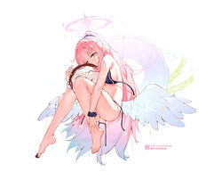  absurdres alternate_costume alternate_hairstyle angel_wings ass barefoot between_toes bikini blue_archive blue_bikini blue_hair blush breasts candy chinese_text chocolate closed_mouth commentary doodle_sensei_(blue_archive) feathered_wings feet female food gradient_hair hair_ornament hair_scrunchie halo heart heart-shaped_chocolate high_ponytail highres holding_with_feet hugging_object knees_together_feet_apart knees_up large_breasts legs liwendala long_hair mika_(blue_archive) multicolored_hair pink_hair scrunchie sensei_(blue_archive) sideboob sidelocks smile swimsuit thighs toes undone_bikini very_long_hair white_wings wing_decorations wings wrist_scrunchie yellow_eyes 