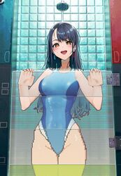  :d art_shift bare_arms bare_shoulders black_hair blue_one-piece_swimsuit breasts collarbone commentary_request competition_swimsuit covered_navel cowboy_shot earrings female highleg highleg_swimsuit highres indoors jewelry joy-con kabu_(niniko2ko) long_hair looking_at_viewer low_poly medium_breasts one-piece_swimsuit open_mouth orange_eyes original pixel_art pixelated shower_(place) shower_head smile solo standing swimsuit tiles very_long_hair wet 