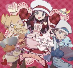  2boys :d alcremie alcremie_(strawberry_sweet) apron barry_(pokemon) blonde_hair blue_shirt bowl box brown_hair brown_pants brown_shirt chef_hat chinese_commentary commentary_request cooking dawn_(palentine&#039;s_2021)_(pokemon) dawn_(pokemon) dress female hands_up hat heart heart-shaped_box holding holding_bowl huan_li knees_together_feet_apart leg_warmers lucas_(pokemon) mittens multiple_boys official_alternate_costume oven_mitts pants pokemon pokemon_dppt pokemon_masters_ex red_dress red_footwear red_mittens shirt shoes short_hair short_sleeves smile w_arms white_headwear 