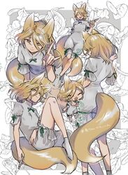  animal_ears blonde_hair bow breasts brown_eyes closed_eyes dress female fox_ears fox_girl fox_shadow_puppet fox_tail green_bow green_ribbons hair_between_eyes highres jumpsuit kudamaki_tsukasa kuzumiya_yuyu looking_at_viewer neck_ribbon open_mouth ribbon romper short_hair short_sleeves smile socks solo tail test_tube touhou white_dress white_romper white_socks 