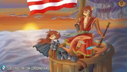  16:9 american_flag anthro boots brother_(lore) cape clothed clothing cloud crow&#039;s_nest dark_clouds facial_markings female fin fish flag footwear gun hair head_markings long_hair lordofnothin1 male marine markings open_clothing open_shirt open_topwear ranged_weapon rifle sea shark ship shirt sibling_(lore) sister_(lore) sunset tail tail_markings topwear united_states_of_america vehicle water watercraft weapon widescreen 