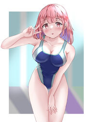  blue_one-piece_swimsuit border breasts cleavage collarbone commentary_request competition_swimsuit cowboy_shot female highleg large_breasts leaning_forward looking_at_viewer mashinatsu medium_breasts multicolored_clothes multicolored_swimsuit one-piece_swimsuit original pink_hair red_eyes solo standing swimsuit thigh_gap 