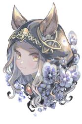  animal_ears cat_ears cloak ears_through_headwear erune female flower granblue_fantasy highres hood hooded_cloak jewelry kuzumiya_yuyu medium_hair orange_eyes pendant scathacha_(granblue_fantasy) simple_background solo upper_body white_background white_hair 