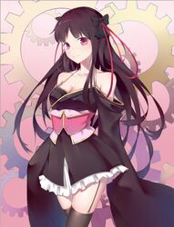  bare_shoulders black_hair black_thighhighs female japanese_clothes kimono kimono_skirt machine-doll_wa_kizutsukanai red_eyes ribbon short_kimono solo thighhighs wvo4851 yaya_(machine-doll) 