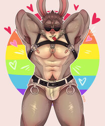  absurd_res anthro armpit_hair body_hair bottomwear bulge chains clothing condom condom_in_mouth eyewear fur glasses grey_body grey_fur hairy harness hi_res hugetherabbit lagomorph leporid lgbt_pride lgbt_pride_month male mammal moschythehyena mouth_hold muscular object_in_mouth pecs pride_color_background pride_colors pubes rabbit rainbow_pride_colors sexual_barrier_device shorts simple_background six-stripe_rainbow_pride_colors solo unused_condom white_body white_fur wrapped_condom 