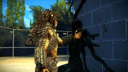  16:9 3d_(artwork) against_surface against_wall alien alien_(franchise) armor artic_boy digital_media_(artwork) dominant dominant_male dreadlocks duo female forced garry&#039;s_mod hi_res holding_chin imminent_kiss looking_aside looking_away male male/female predator_(franchise) scared shy submissive submissive_female widescreen xenomorph yautja 