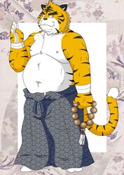  2012 anthro belly big_belly bottomwear clothing felid hi_res humanoid_hands kemono male mammal moobs navel nipples overweight overweight_anthro overweight_male pantherine pants solo tanutronik753_k tiger 