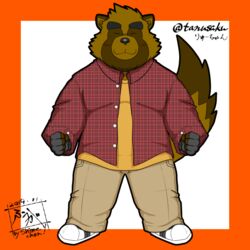  1:1 2019 anthro belly big_belly bottomwear brown_body brown_fur canid canine closed_eyes clothing fur humanoid_hands japanese_text kemono male mammal pants raccoon_dog shirt simple_background slightly_chubby solo tanuki tanutronik753_k text topwear 