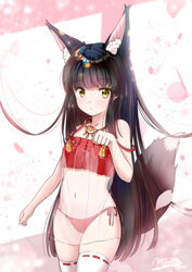  animal_ear_fluff animal_ears azur_lane black_hair blunt_bangs camisole cherry_blossoms choker clenched_hand female fox_ears fox_girl fox_tail long_hair m_ko_(maxft2) nagato_(azur_lane) nagato_(great_fox&#039;s_respite)_(azur_lane) navel official_alternate_costume panties paw_pose petals red_camisole red_panties see-through see-through_camisole side-tie_panties skindentation solo strap_slip tail thighhighs thighs underwear very_long_hair white_thighhighs yellow_eyes 