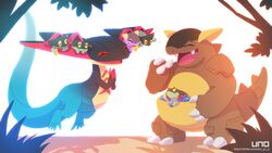  16:9 2020 ambiguous_gender anthro baby_kangaskhan black_body blue_body brown_body claws closed_eyes dragapult dreepy eating food fruit generation_1_pokemon generation_8_pokemon grass group hands_together happy hi_res holding_food holding_fruit holding_object in_pouch kangaskhan mammal marsupial nintendo open_mouth open_smile outside plant pokemon pokemon_(species) pouch_(anatomy) pouch_purse red_body scalie simple_background smile standing text tree uno_yuuji url white_background widescreen young 