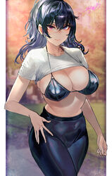  bad_id bad_pixiv_id bikini bikini_top_only black_bikini black_hair black_pants blue_eyes blush breasts cleavage crop_top female heterochromia highres large_breasts long_hair looking_at_viewer original pants ponytail purple_eyes shirt short_sleeves signo_aaa smile solo swimsuit thighs white_shirt 