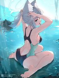  animal_ear_fluff animal_ears aqua_eyes arm_up artist_name ass back bare_legs barefoot black_one-piece_swimsuit blue_archive breasts competition_swimsuit feet female full_body grey_hair hair_tie halo highres legs liwendala long_hair medium_breasts mouth_hold official_alternate_costume one-piece_swimsuit revision shallow_water shiroko_(blue_archive) shiroko_(swimsuit)_(blue_archive) sideboob sitting soles solo spread_toes swimsuit toes tying_hair wariza water wolf_ears 