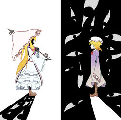  2girls black_background black_skin blonde_hair boots brown_footwear colored_skin dress faceless from_side gap_(touhou) hat long_fall_boots long_hair maribel_hearn mob_cap multiple_girls outstretched_arm parasol peroponesosu. purple_dress shadow short_hair touhou two-tone_background umbrella very_long_hair white_background yakumo_yukari 