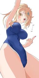  :q ahoge armpits bad_id bad_twitter_id blonde_hair breasts female from_below h_(eitilog) hair_ornament heterochromia highleg highleg_swimsuit highres hoshikawa_sara impossible_clothes large_breasts middle_finger nijisanji one-piece_swimsuit ponytail red_eyes school_swimsuit simple_background solo swimsuit tongue tongue_out virtual_youtuber white_background x_hair_ornament yellow_eyes 