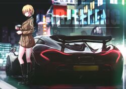  absurdres black_footwear blonde_hair blue_eyes blush braid car closed_mouth coat country_connection darjeeling_(girls_und_panzer) earrings female french_braid girls_und_panzer highres jewelry looking_at_viewer mclaren mclaren_p1 mizzterbii motor_vehicle night one_eye_closed solo sports_car standing tea vehicle_focus 