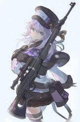  asukayou black_gloves black_skirt braid capelet clenched_hand female from_behind fur_hat fur_trim gloves gun hair_ornament hairclip hat highres long_hair looking_at_viewer looking_back nijisanji nijisanji_kr nun_bora nun_bora_(1st_costume) purple_hair rifle skirt smile sniper_rifle solo thigh_strap ushanka virtual_youtuber weapon weapon_on_back 