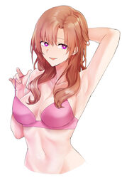  arm_behind_head armpits bad_id bad_pixiv_id bra breasts brown_hair cleavage collarbone commentary female hand_on_own_chest highres long_hair looking_at_viewer mature_female medium_breasts oosuki_mamako open_mouth photoshop_(medium) pink_bra purple_eyes simple_background smile solo suprii tsuujou_kougeki_ga_zentai_kougeki_de_ni-kai_kougeki_no_okaasan_wa_suki_desu_ka? underwear white_background 