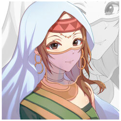  border brown_eyes brown_hair commentary_request earrings eyelashes fate/grand_order fate_(series) female headband highres hoop_earrings jewelry lis_zhu_long medium_hair mouth_veil necklace photoshop_(medium) red_headband siduri_(fate) single_bare_shoulder solo upper_body veil white_border white_hood zoom_layer 