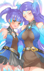  2girls belt blue_fire blue_gloves blue_hair breasts brighid_(xenoblade) brighid_(xenoblade)_(cosplay) chest_jewel cleavage_cutout closed_eyes clothing_cutout cosplay covered_navel elbow_gloves fiery_hair fire garter_straps gloves gradient_hair hair_rings highres holding_hands long_hair loose_belt multicolored_hair multiple_girls official_alternate_costume purple_hair sena_(xenoblade) side_ponytail smile thighhighs unigon_(kitsutsuki) very_long_hair xenoblade_chronicles_(series) xenoblade_chronicles_2 xenoblade_chronicles_3 