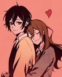  1boy black_hair black_jacket blue_eyes blush brown_hair closed_eyes collared_shirt commentary couple dress_shirt facing_to_the_side female flat_color head_rest heart hori-san_to_miyamura-kun hori_kyouko hug hug_from_behind jacket katagiri_senior_high_school_uniform long_hair looking_at_viewer miyamura_izumi moshimoshibe piercing pink_background school_uniform shirt short_hair sidelocks straight upper_body white_shirt yellow_jacket 