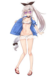  9a-91_(girls&#039;_frontline) :o absurdres bare_legs bikini bikini_skirt black_bikini black_bow black_choker black_ribbon blue_eyes blue_jacket blush bow breasts choker cleavage clothing_cutout collarbone commentary_request female full_body girls&#039;_frontline grey-framed_eyewear grey_hair hair_ornament hair_ribbon hairbow hairclip high_ponytail highres ivan_wang jacket long_hair looking_at_viewer medium_breasts navel open_clothes open_jacket parted_lips photoshop_(medium) pink-tinted_eyewear red_footwear ribbon ribbon-trimmed_sleeves ribbon_trim sandals see-through short_sleeves shoulder_cutout sidelocks simple_background solo standing stomach sunglasses swimsuit tinted_eyewear undressing v-shaped_eyebrows very_long_hair white_background 