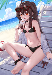  :d absurdres ahoge ball bare_shoulders barefoot beachball bikini black_bikini black_nails blue_sky boo_tao_(genshin_impact) breasts brown_hair cloud commentary_request day feet female food foot_out_of_frame genshin_impact hand_up highres holding holding_food hu_tao_(genshin_impact) legs long_hair nail_polish navel ocean off_shoulder open_mouth outdoors popsicle red_eyes sitting sky skym_(kumei) small_breasts smile soles solo stomach swimsuit toes tongue tongue_out twintails very_long_hair water 