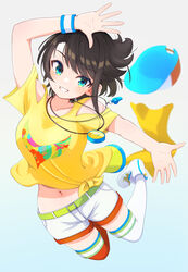  absurdres adapted_costume aqua_eyes asymmetrical_legwear banana_de_ikopon bare_shoulders baseball_cap belt breasts brown_hair collarbone female full_body grin hat highres hololive jumping looking_at_viewer medium_breasts megaphone mismatched_legwear navel oozora_subaru oozora_subaru_(1st_costume) open_hand print_shirt shirt shoes short_hair short_shorts short_sleeves shorts sidelocks simple_background smile solo stopwatch swept_bangs thighhighs tied_shirt towel two-tone_shorts unworn_hat unworn_headwear virtual_youtuber whistle whistle_around_neck wristband yellow_shirt 