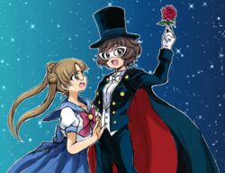  2girls :d akiyama_yukari bishoujo_senshi_sailor_moon black_cape black_headwear blue_background blue_sailor_collar blue_skirt bow bowtie brown_eyes brown_hair cape commentary_request cosplay cowboy_shot double_bun flower girls_und_panzer gloves gradient_background hagi_midori hair_bun hat holding holding_flower juuban_middle_school_uniform long_hair long_sleeves looking_at_another looking_at_viewer mask messy_hair multiple_girls oono_aya open_mouth pleated_skirt puffy_short_sleeves puffy_sleeves red_bow red_flower red_rose rose sailor_collar school_uniform serafuku shirt short_hair short_sleeves skirt smile starry_background top_hat tsukino_usagi tsukino_usagi_(cosplay) tuxedo tuxedo_kamen tuxedo_kamen_(cosplay) twintails white_bow white_bowtie white_gloves white_shirt yuri 