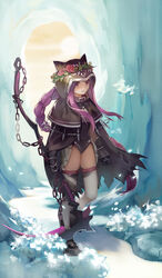  aged_down animal_hood black_cape black_capelet black_cloak black_leotard braid cape capelet cave cloak collar commentary_request fate/grand_order fate_(series) female guttia harpe head_wreath highres hood hood_up hooded_capelet hooded_cloak leotard long_braid long_hair medusa_(fate) medusa_(lancer)_(fate) photoshop_(medium) purple_eyes purple_hair scythe single_braid solo thighhighs very_long_hair white_thighhighs 