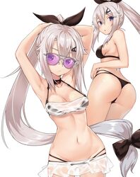  9a-91_(girls&#039;_frontline) :o absurdres armpits arms_behind_back arms_up ass bikini bikini_skirt black_bikini black_bow black_ribbon blue_eyes bow breasts cleavage collarbone female girls&#039;_frontline grey-framed_eyewear grey_hair groin hair_ornament hair_ribbon hairbow hairclip high_ponytail highres ivan_wang long_hair looking_at_viewer looking_back medium_breasts multiple_views navel parted_lips photoshop_(medium) pink-tinted_eyewear ribbon see-through sideboob sidelocks simple_background stomach sunglasses swimsuit tinted_eyewear very_long_hair white_background 