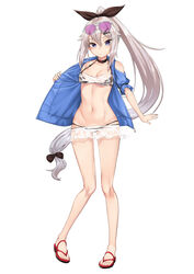  9a-91_(girls&#039;_frontline) absurdres bare_legs bikini bikini_skirt black_bikini black_bow black_choker black_ribbon blue_eyes blue_jacket blush bow breasts choker cleavage closed_mouth clothing_cutout collarbone commentary_request expressionless eyewear_on_head female full_body girls&#039;_frontline grey-framed_eyewear grey_hair hair_ornament hair_ribbon hairbow hairclip high_ponytail highres ivan_wang jacket long_hair looking_at_viewer medium_breasts navel open_clothes open_jacket photoshop_(medium) pink-tinted_eyewear red_footwear ribbon ribbon-trimmed_sleeves ribbon_trim sandals see-through short_sleeves shoulder_cutout sidelocks simple_background solo standing stomach sunglasses swimsuit tinted_eyewear undressing v-shaped_eyebrows very_long_hair white_background 